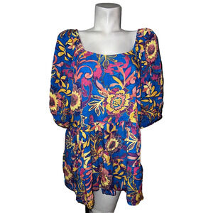 TERRA & SKY Top Plus Sz 2X 20W-22W Blue Yellow Pink Floral On/Off Shoulder Shirt